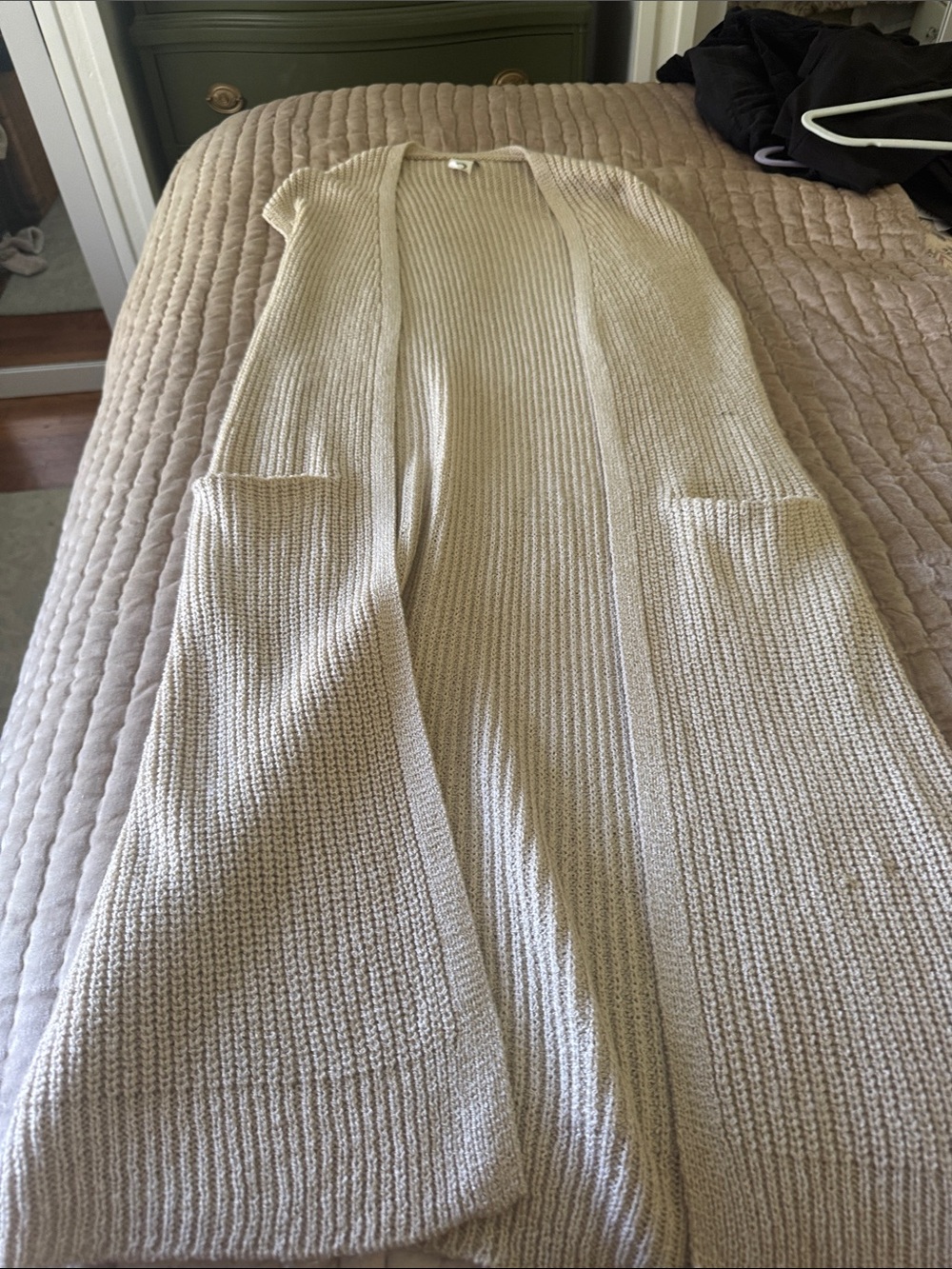 Long Open-Front Knit Cardigan Sweater - Cream